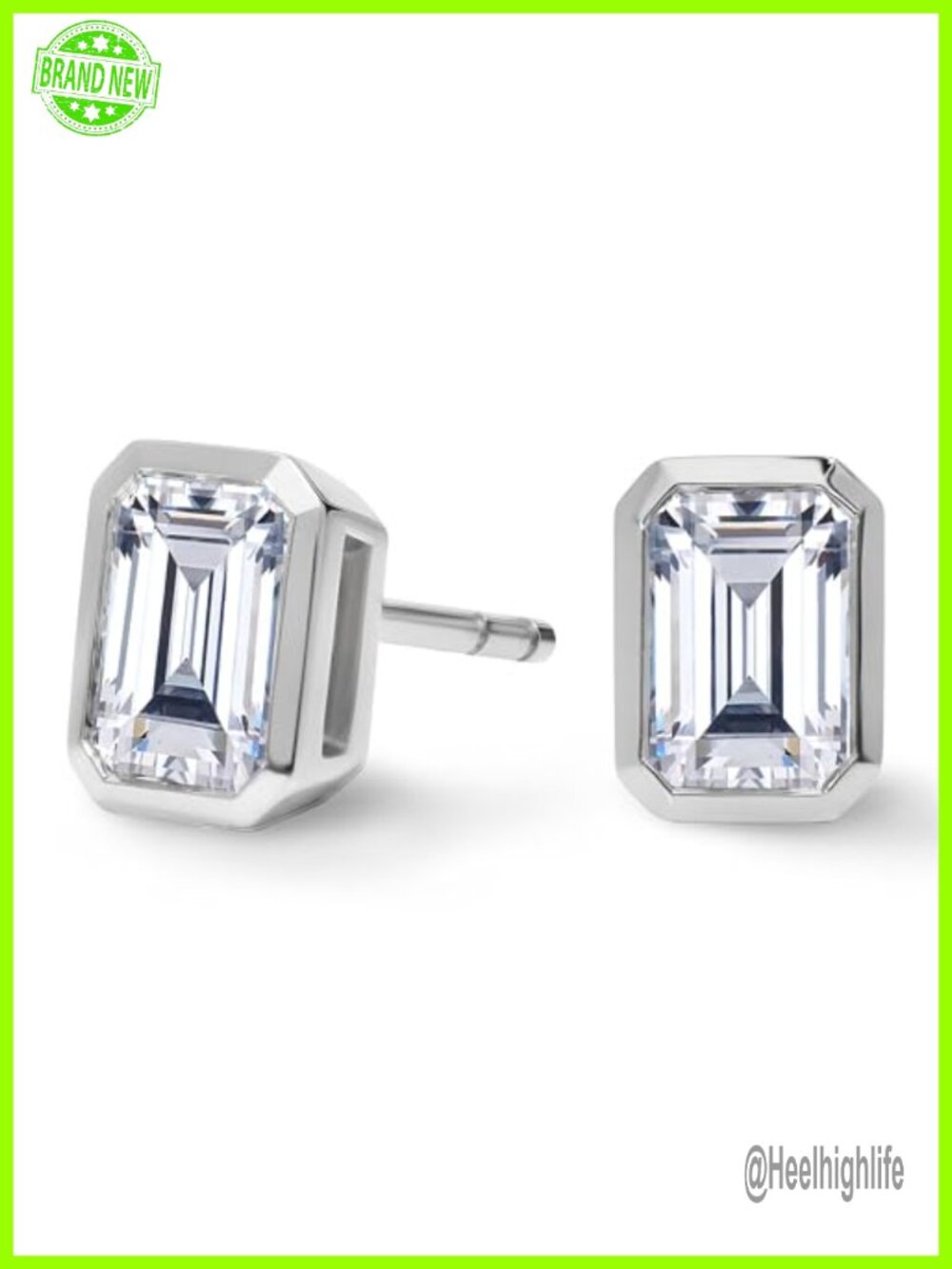 Emerald Cut Moissanite Bezel Stud Earrings Gold Plated Sterling Silver